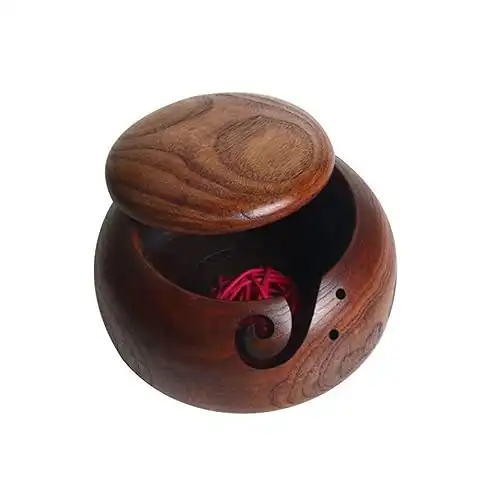 Wooden Yarn Bowl with Dust-Proof Lid, Knitting Holder Yarn Organizer Storage Bowl for Knitting Crocheting Mothers Day Gift